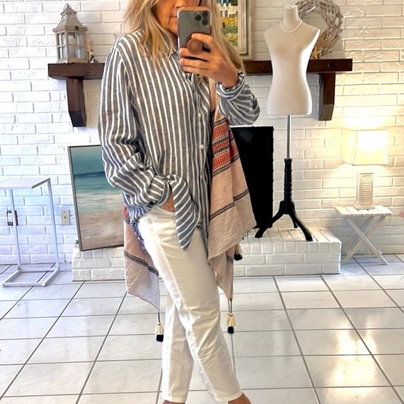 Anthro’s BeachLunchLounge,Striped-linen Frayed-Hem,Button-down Shirt,EUC,size XL - Picture 9 of 14